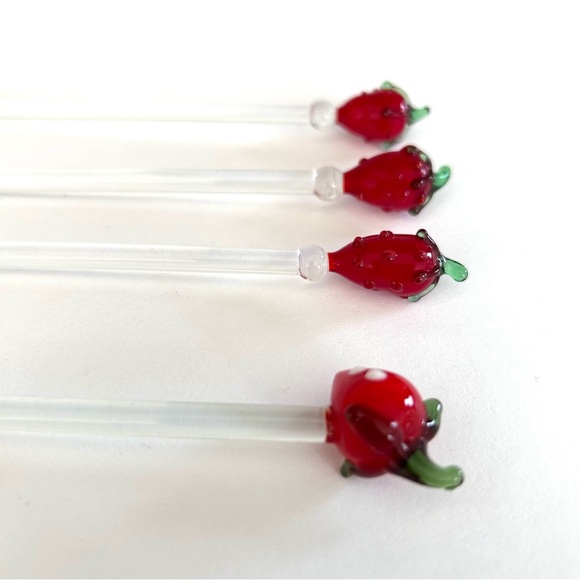 Glass Swizzle Stir Sticks Lot Of 4 Strawberries Hand Blown Art Strawberry - Picture 6 of 8